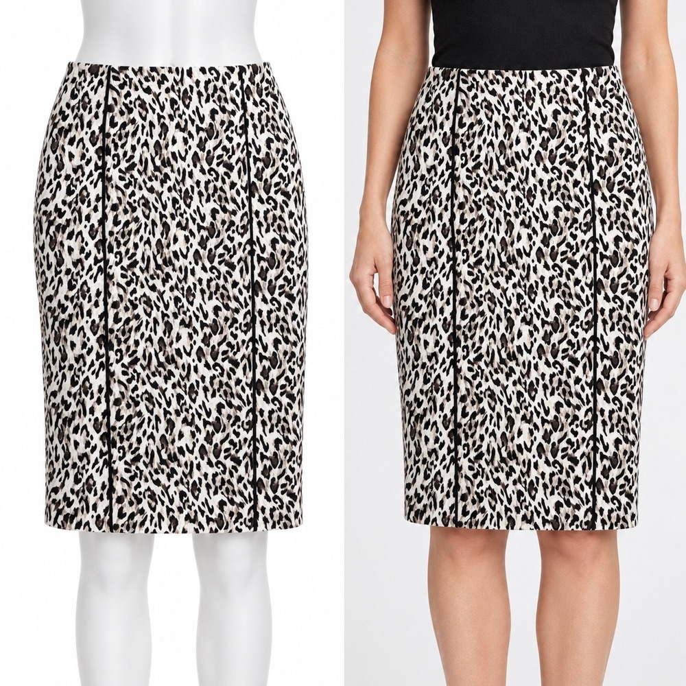 White House Black Market Skirt Womens 12 Ivory Leopard Pencil Office Siren WHBM